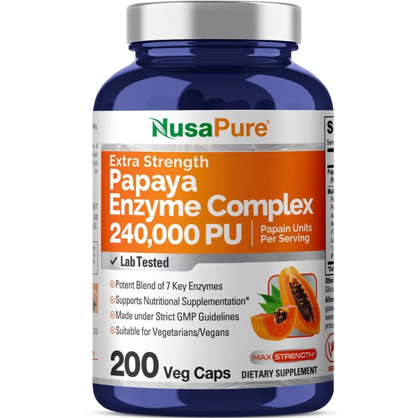 NusaPure Papaya Papain Enzyme Complex 240,000 PU - 200 Veggie Caps - 100% Vegetarian, Non-GMO