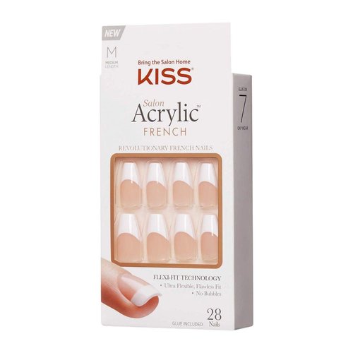 KISS Salon Acrylic French Nail Manicure Set, Medium Length, Square, “Je T'aime”, Nail Kit Includes Pink Gel Nail Glue (Net Wt. 2 g / 0.07oz.), Mini File, Manicure Stick, and 28 Fake Nails