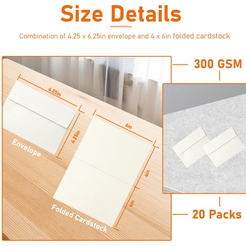Guakicae Cream Greeting Cards and Envelopes 4 x 6 Printable 300GSM Folded Off White Cardstock and A4 Envelopes Self Seal 20 packs for Wedding Invitations, Birthday, Mailing, Graduations