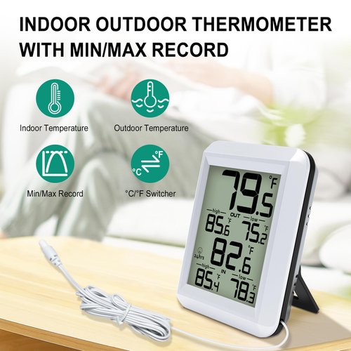 Urageuxy Digital Indoor Outdoor Thermometer Wired, Indoor Outdoor Temperature Monitor with Min/Max Record and Probe Sensor for Home, Office, Greenhouse, Aquarium, Refrigerator, Freezer (White)