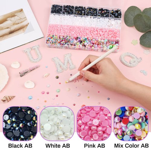 8000Pcs Flatback Pearls for Crafts, Cridoz Assorted Sizes Half Round Pearl Beads Rhinestones for Nails, Makeup, Shoes, Handmade Art Work