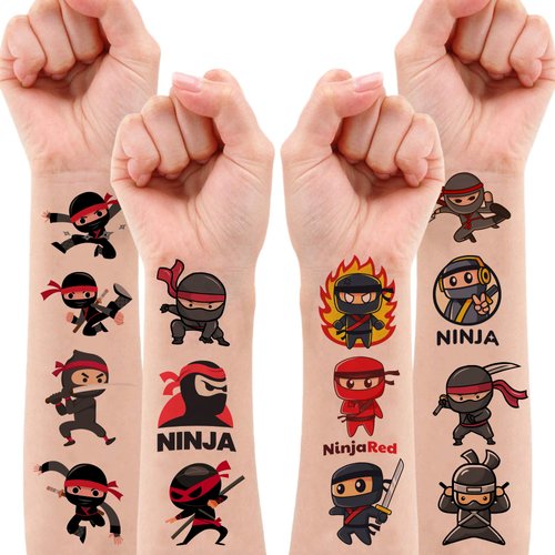 Ninja Temporary Tattoos Birthday Themed Party Supplies Decorations Favors 8 Sheets 96PCS Decor Cute Stickers Tattoo for Class School Prizes Gift for Kids Boys Girls Carnival Christmas Rewards