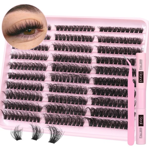 Fluffy Lash Extension Kit 60D+80D+100D Lash Clusters Thick Eyelash Extension Kit 10-18mm Individual Lashes Kit 300PCS Eyelashes Extension with Bond and Seal and Lash Extension Tweezers by TNFVLONEINS