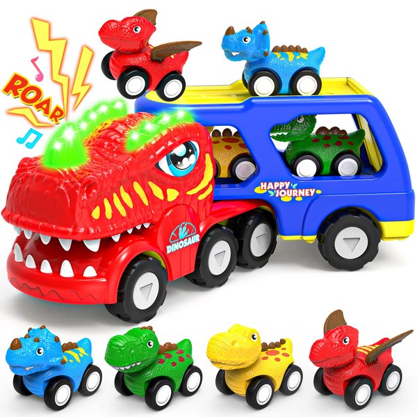 Toys for 1 2 3 4 Year Old Boys Girls, 5 in 1 Toy Trucks for Boys Age 2-3 with 4 Dinosaur Toy Cars for Toddlers 1-3, Friction Powered Kids Boy Toys Dinosaur Truck Toys Gifts with Flashing Light & Sound