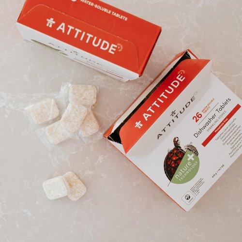 ATTITUDE Dishwasher Pods, Naturally Derived Dishwashing Detergent, Vegan and Plant-Based Dish Soap Tablets, Phosphate Free, Unscented, 26 Count