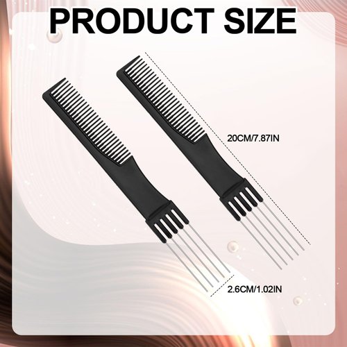 2pcs Black Metal Prong Pick Combs Parting for Women, Double-Head Parting Teasing Comb with Metal Pick Fork Comb Tool Hair Picking Comb for Hair Styling Salon Thick Thin Hair