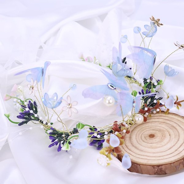 yuruyi Flower Crown for Women, Adjustable Butterfly Handmade Garland Crown Hair Wreath for Wedding Festival Party Floral Crowns for Girls Headhand Hair Accessory (Blue, Adjustable)