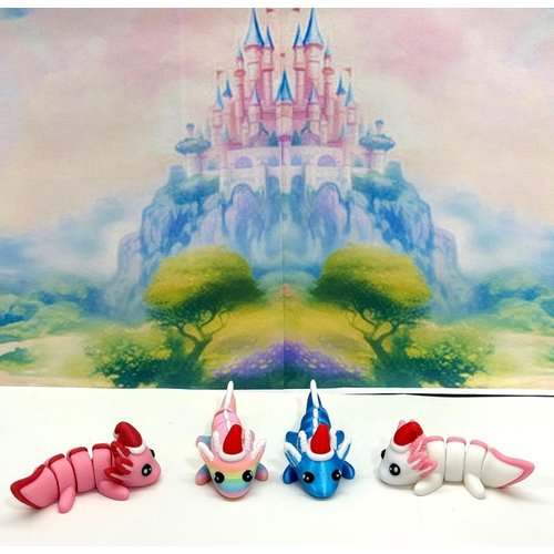 4pcs 3D Printed Articulated Mini Axolotl with Christmas Tree Container, Fidget Mini Axolotl Fidget Toy, Executive Desk Toy, Axolotl with Santa Hat Home Decor MA001-CT