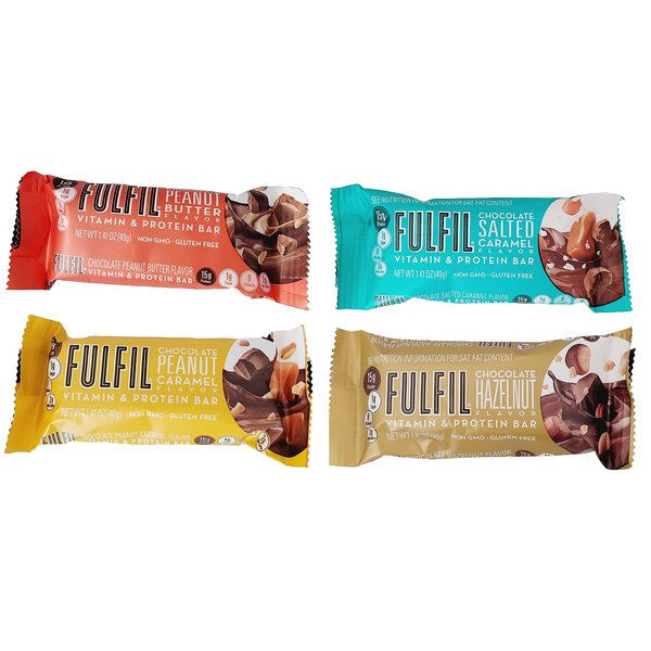 Fulfil Vitamin & Protein Bars, Chocolate Salted Caramel, Chocolate Hazelnut, Chocolate Peanut Caramel, and Chocolate Peanut Butter, 1.41 Ounce (Pack of 8) - with Make Your Day Bag Clip