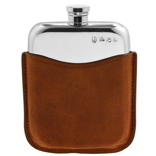 English Pewter Company 6oz Pewter Liquor Hip Flask with Luxury Brown Leather Pouch [PLF01]