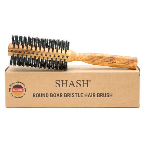 SHASH Boar Bristle Round Brush - Made In Germany | Volumize and Revitalize Your Hair with Softer, Smoother Results - Scalp Exfoliation and Stimulation - Eco-Sourced Olive Wood Handle