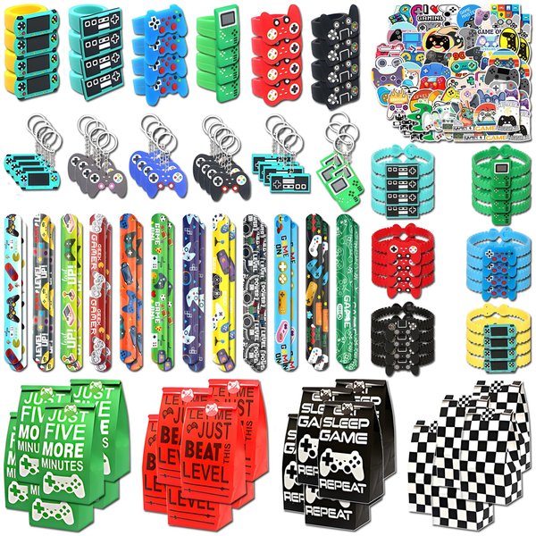 24 sets of Video Game Party Favors, 220 Pcs Gamer party Favors - Gaming Birthday Goodie Bags Included Gift Bags, Game Keychain, Slap Bracelet, Stickers, Game Ring, Hand Strap for Gaming Kids