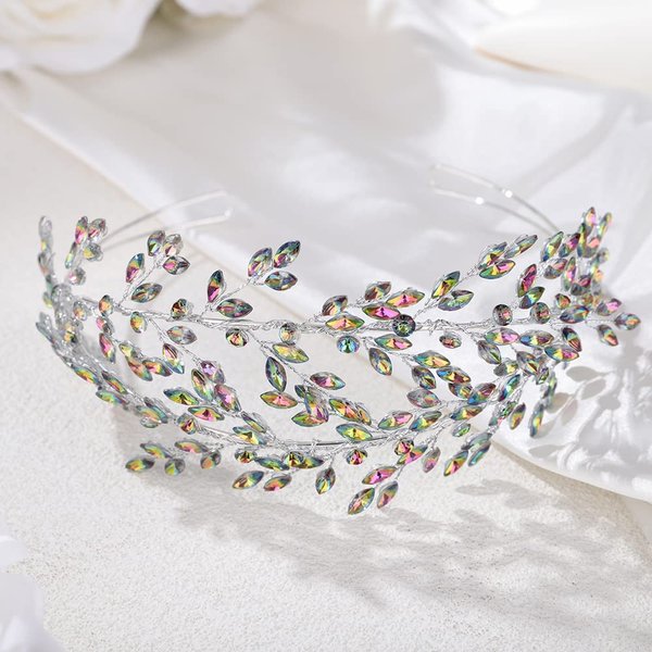JWICOS Wedding Tiara Headband for Women Crystal Handmade Queen Leaf Bridal Headband Headpieces Wedding Hair Accessories for Prom Halloween Cosplay Party Pageant (Colorful)