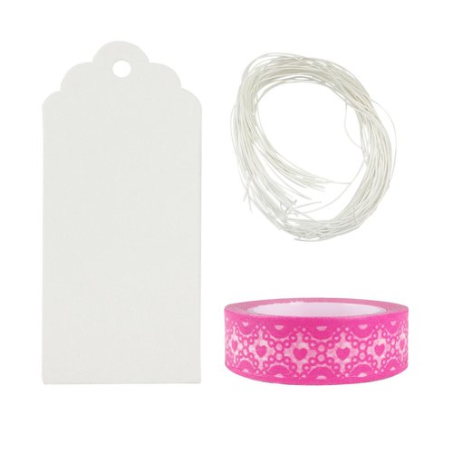 Wrapables 50 White Scallop Gift Tags/Kraft Hang Tags with Free Cut String & 1 Pink Heart Lace Washi Roll for Gifts, Crafts, & Price Tags