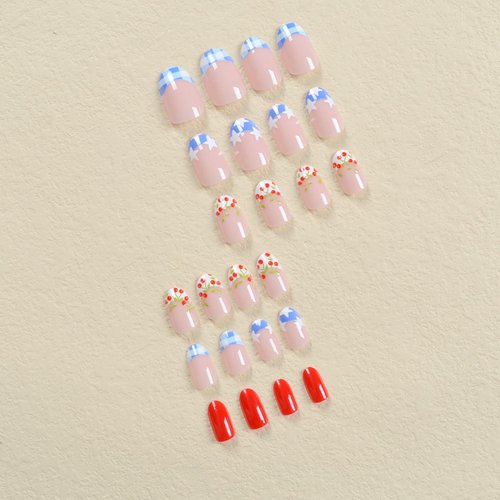 4th of July Decoration for Nails Fake Nails Five Pointed Stars Cherry Designs French Tip Press on Nails，Full Cover Almond Artificial Fingernails Nail Decoration Nails for Women Independence Day