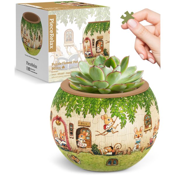 PieceRelax 3D Puzzle Planter - Smart - Happy Reading - Small Round Plant Pots with Drainage, Home Decor Flower Pots for Indoor Cactus, Succulents Pots [K1102]