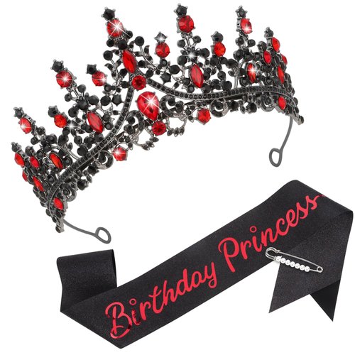 CAVETEE Princess Crown and Birthday Princess Sash, Birthday Tiara With Glitter Sash for Princess Party Decorations Happy Birthday Accessories Birthday Crown and Tiara for Women Girls (Red&Black)