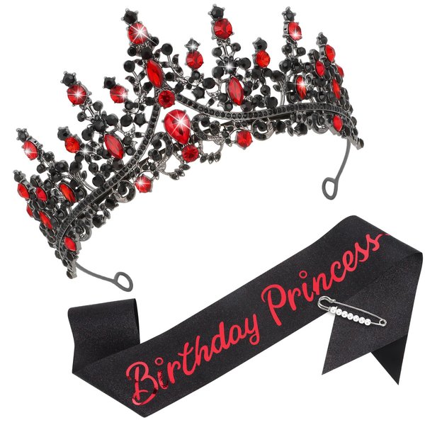 CAVETEE Princess Crown and Birthday Princess Sash, Birthday Tiara With Glitter Sash for Princess Party Decorations Happy Birthday Accessories Birthday Crown and Tiara for Women Girls (Red&Black)