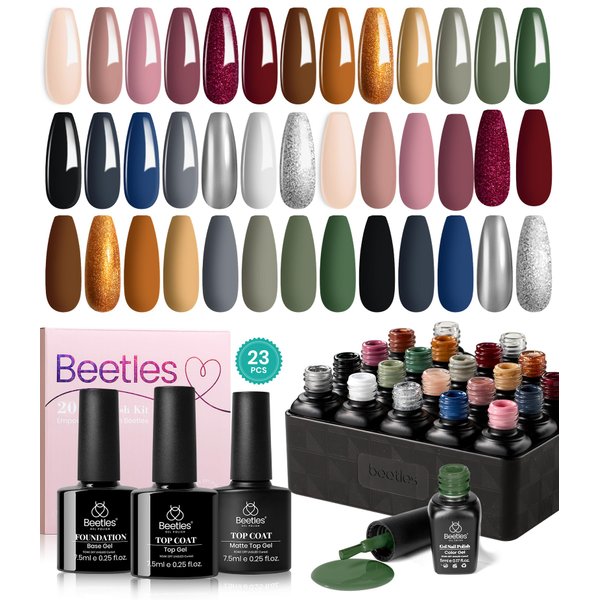 Beetles Gel Nail Polish Set 23 Pcs Nail Polish Nude Pink Black White Gray Red Gold Green Brown Blue Glitter Gel Polish Kit Uv Base Matte Glossy Top Coat Soak off All Season Gel Nail Polish