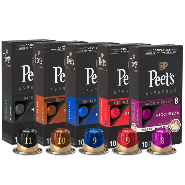 Peet's Coffee, Espresso Coffee Pods Variety Pack, Dark, Medium & Decaf Roasts, Intensity 8-10, 50 Count (5 Boxes of 10 Espresso Capsules)