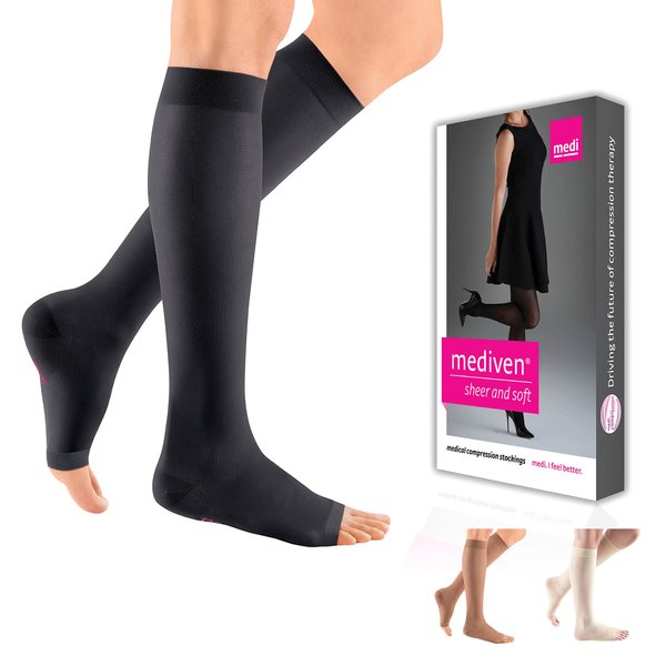 mediven sheer & soft for Women, 20-30 mmHg Calf High Open Toe Compression Stockings, Ebony, II-Standard