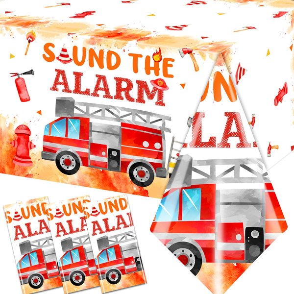 Fire Truck Birthday Party Tablecloth - Firefighter Birthday Party Decorations, 3Pcs Fire Truck Table Cloth, Rectangle Plastic Fireman Table Cover for Firetruck Birthday Decorations, 108 x 180 cm