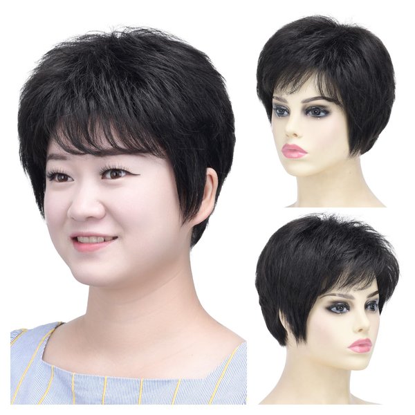 SYXLCYGG Short Black Wig Old Lady Wigs Ladies Synthetic Older White Womens Hair Wigs Fluffy, Full Free Wig Cap