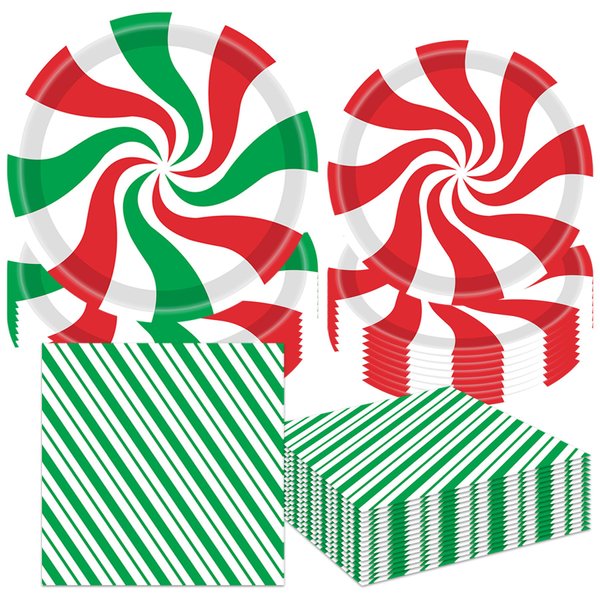 PGSWEER Christmas Peppermint Candy Paper Plates And Napkins Disposable Dinnerware Christmas Candy Cane Xmas Dinner Plates Table Decorations for Holiday Birthday Party Supplies