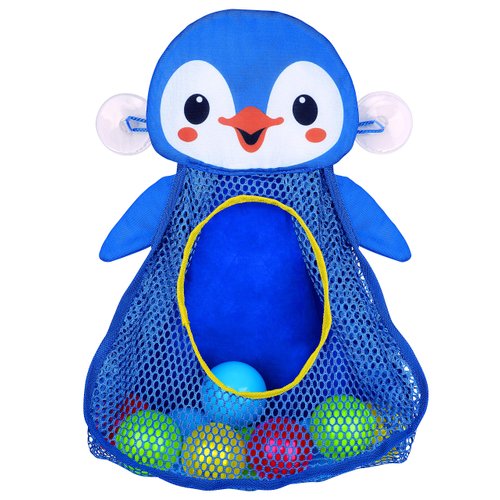 PlayGo Bath Toy Organizer Penguin | Four Suction Cups for Hanging | Bathtub Toys Holder | Bathroom Baby Toy Storage Quick Dry Bathtub Mesh Net | 2 in 1| 10 Pieces Colorful Soft Balls, 18703