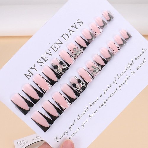 BABALAL Duck Nails Press on Black Fake Nails French Tip Glue ons Nails Star Planet Rose Charm Design Acrylic Nails 24Pcs Punk Goth Duck False Nails