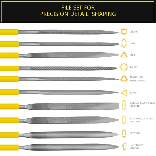kapoua Needle File Set, 10 Pieces Hand Metal Files, Hardened Alloy Strength Steel Set Includes Flat, Round, Half-Round, Triangular, Square, Oval, Crossing, and Barrette File