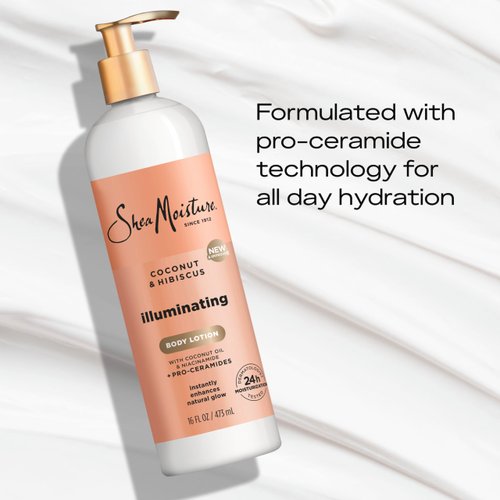 SheaMoisture Illuminating Body Lotion with Coconut Oil, Hibiscus, Niacinamide and Pro-Ceramides, Instantly Enhancing Skin's Natural Glow, 24H Moisturizing 16 oz