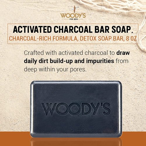 Woody's Activated Charcoal Bar Soap for Men, with Coconut Oil, Bergamot and Coffee, Detoxifying, Deep Cleansing, Exfoliating, For Face and Body, Suitable for All Skin Types, 8 oz., 1-Pack
