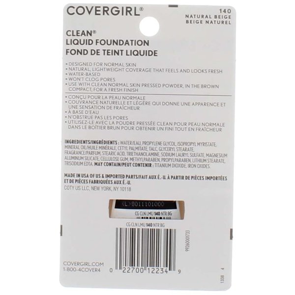 CoverGirl Clean Normal Skin, 140 Natural Beige, 1 Ounce, Liquid Foundation Concealer