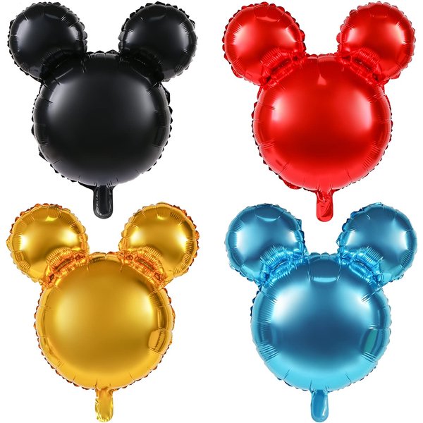 MIKIMIQI 4 Pcs Mouse Head Foil Balloons, 24'' Mouse Mylar Balloon for Birthday Party Decorations Jumbo Mouse Head Aluminum Foil Balloons Party Favors Supplies (Black Red Blue Gold)