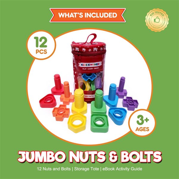 Jumbo Nuts and Bolts For Toddlers - Fine Motor Skills Rainbow Matching Game Montessori Toys For Toddlers & Toddler Games | 12 pc Occupational Therapy Educational Toys with Toy Storage + eBook