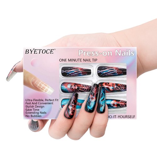 Long Coffin Press on Nails Horror Skull Fake Nails Red & Blue Cyberpunk False Nails Full Cover Acrylic Nails Glue on Nails Stick on Nails for Women Girls Halloween Manicure 24Pcs