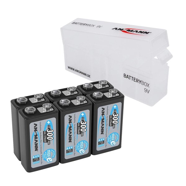 Ansmann Rechargeable 9V Battery 300mAh pre-Charged Low Self Discharge 9Volt NiMH Rechargeable Battery (6-Pack) + Batterybox for 9V
