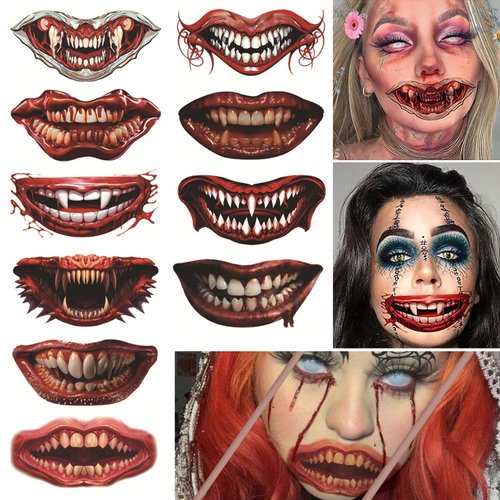 Halloween Mouth Temporary Tattoos Halloween Prank Makeup Tattoo Stickers Bloody Clown Horror Lip Fangs Tattoos for Adults Kids Funny Face Decorations for Day of the Dead Cosplay Party 10 Sheets