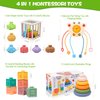 OUWANCH Montessori Toys for Babies 6-12 Months, 4 in 1 Montessori Baby Toys, Soft Baby Teething Toys, Stacking Building Blocks & Rings for Infants, Sensory Bin Toys