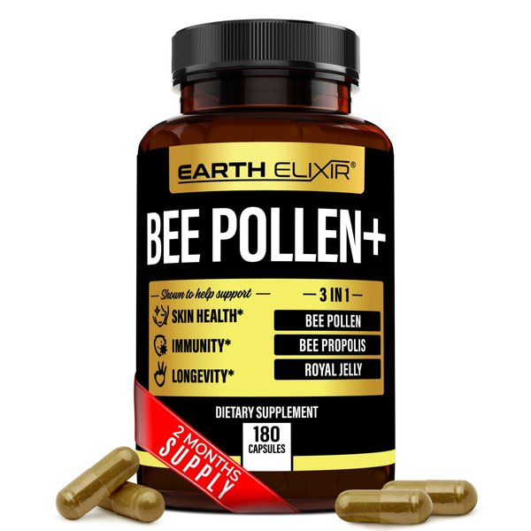 Earth Elixir 3-in-1 Bee Pollen Organic 1000mg (180 Caps) W/ 1000mg Bee Propolis Capsule & 1000mg Royal Jelly Capsule - 3rd Party Tested - Bee Pollen Supplement - Organic Bee Pollen Capsule -No Fillers