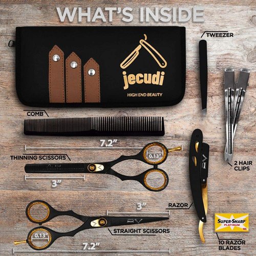 Jecudi Professional Hair Cutting Scissors Set - Handmade Japanese Stainless Steel, includes Barber Scissors, Hair Shears, Tweezers, Razor, 10 Blades, Comb, 2 Hair Clips & Cleaning Cloth.
