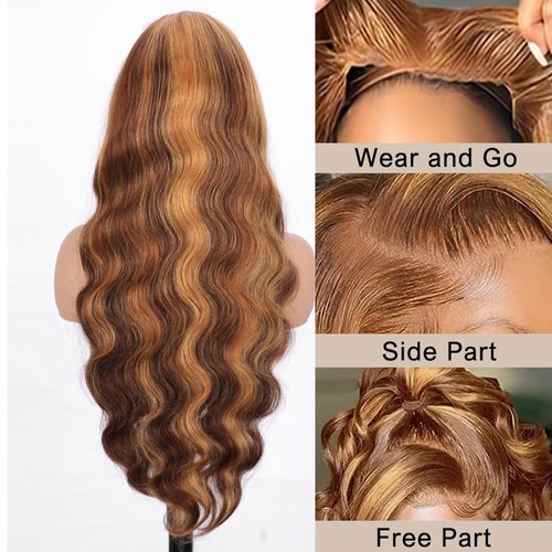 IDHERE Wear and Go Glueless Wigs Human Hair Pre Plucked Pre Cut Ombre Highlight 4/27 Lace Frontal Wigs Human Hair 8x5 HD Lace Front Wigs 26 Inch Body Wave Honey Blonde Wig 180% Density