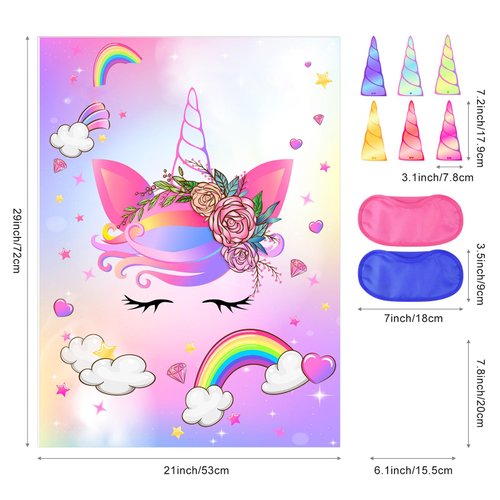 ASTARON Pin The Horn on The Unicorn Game for Kids Birthday Party, Unicorn Party Game with 30 pcs Horn Stickers Birthday Party Supplies for Wall Home Room Decorations