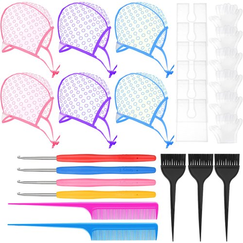 Yetene 27 Pcs Hair Coloring Kit Hair Highlight Kit, Include 6 Highlight Hair Cap for Hair Coloring 4 Hair Highlight Needle 6 Hair Dye Shawl 6 Pair Gloves 3 Dye Brush 2 Rat Tail Comb for Salon