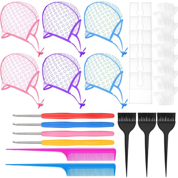 Yetene 27 Pcs Hair Coloring Kit Hair Highlight Kit, Include 6 Highlight Hair Cap for Hair Coloring 4 Hair Highlight Needle 6 Hair Dye Shawl 6 Pair Gloves 3 Dye Brush 2 Rat Tail Comb for Salon