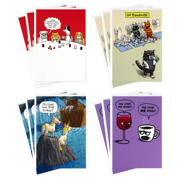 Hallmark Shoebox Funny Blank Cards Assortment, Unicorns, Cats, Dogs, Wine & Coffee (12 All Occasion Cards with Envelopes) (5STZ5108)