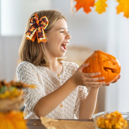 Halloween Thanksgiving Bow Hair Clips with Tails, Maple Leaves Print Hair Bows, Fall Holiday Hair Accessories for Girls Women, Orange