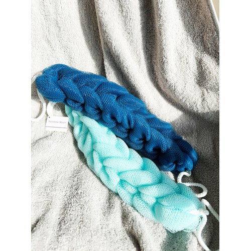 Long Stretch Back Sponge with Rope Handles Back Scrubber Bath Shower Mesh Sponge Exfoliating Body Scrub Stretch Braided Loofah for Men and Women(2-Pack,Blue Green)