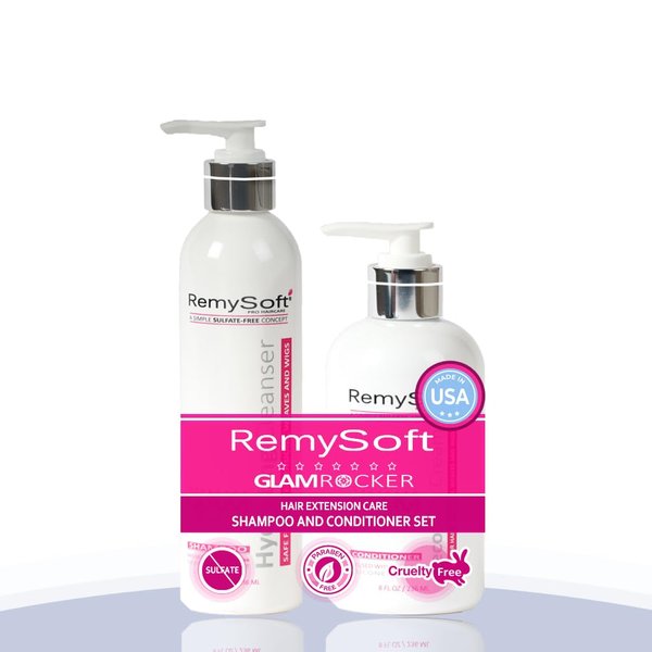 RemySoft Glam Rocker Hydrating Cleanser & Recovery Cream Duo - Safe for Hair Extensions, Weaves and Wigs - Salon Formula Shampoo and Conditioner Combo - Gentle Sulfate-free Lather